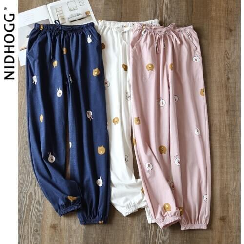 Autumn Pyjama Bottoms Womens Thin Knitted 100% Cotton Pants Elastic Waist Cartoon Printing Sleep Wear Sleeping Pants for Women