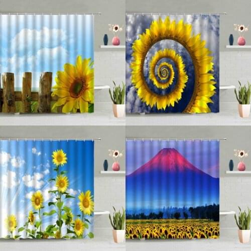 Sunflower Flowers Shower Curtain Blue Sky Mountain Natural Scenery Bathroom Curtains Partition Screen Washable With Hooks Set