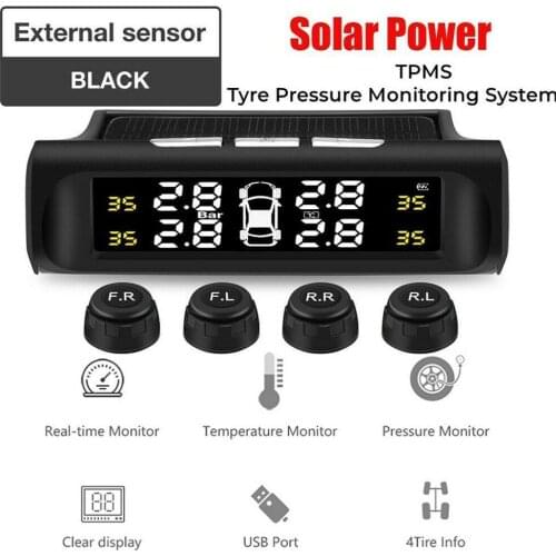 TPMS Car Tire Pressure Alarm Monitor System Real-time Display Attached to glass wireless Solar power tpms with 4 sensors