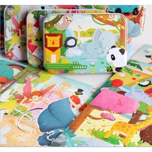 TD ZW120PCS/Box Cartoon Puzzle Iron Box Set Toys for Kids 3d Wooden Puzzle Baby Montessori Early Learning Educational Jigsaw Toy