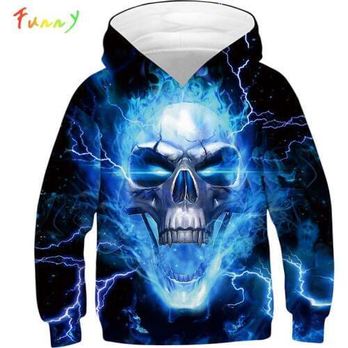 Blue Fire 3D Skull Girls Boys Hoodies Teen Long Sleeve Hooded Pullovers 2019 Autumn Cool Toddler Sweatshirt Kids Tracksuit Tops