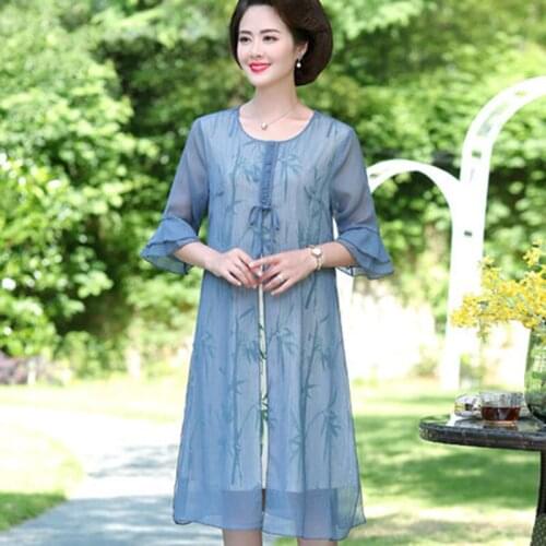 Spring Summer Mother Dress Long Section 2020 New Long-Sleeved Base Vestidos Was Thin Foreign Mesh Loose Dress