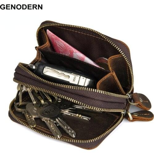 Vintage Genuine Leather Coin Purse with Key Hook Small Mini Wallet Crazy Horse Card Wallet Wrist Band Key Holder for Men