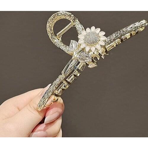 Sunflower Leaf Texture Shark Hair Claws Grab Clip Alloy Head Hair Clip Personalized Diamond Hair Accessories Tool Hairgrip