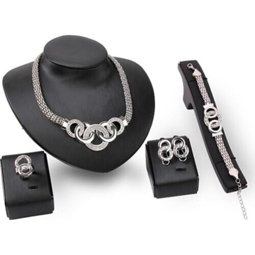 HOT SALES！！Women\s Luxury Short Chain Necklace Bracelet Earrings Ring Fashion Jewelry Set