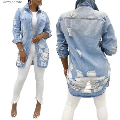 New Autumn Jeans Jacket Women 2020 Sexy Ripped Oversized Denim Jacket Winter Fashion Long Sleeve Denim Jacket Casual Loose Coats