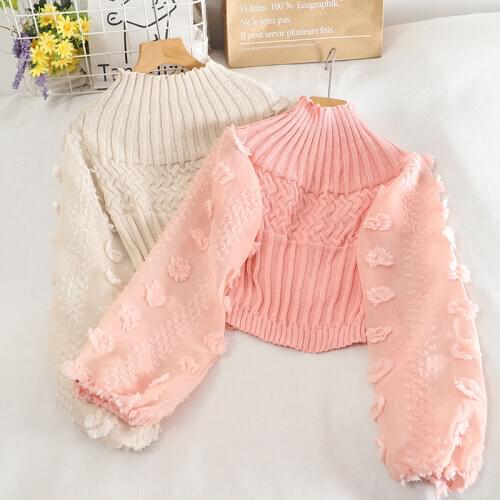 2021 Women Puff Sleeve O-Neck Knitted Dot Chiffon Basic Ruffles Shirt Lady Elastic Short Slim Pullover Tassels Chic Blouse Tops