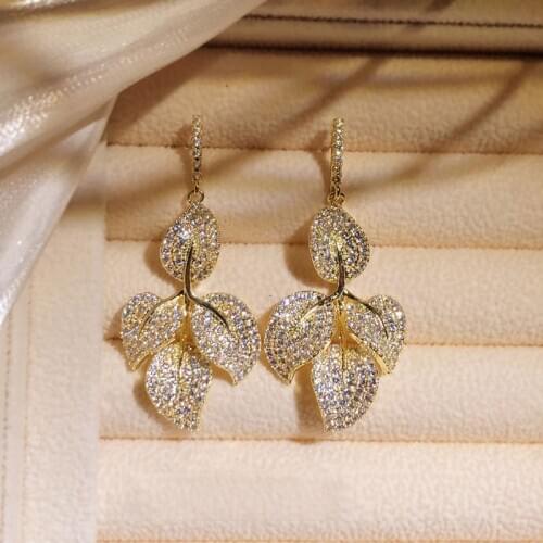 Big Long Leaf Gold Stud Earrings for Women Fashion Jewelry with Bling Zircon Stone Cute Korean Earrings