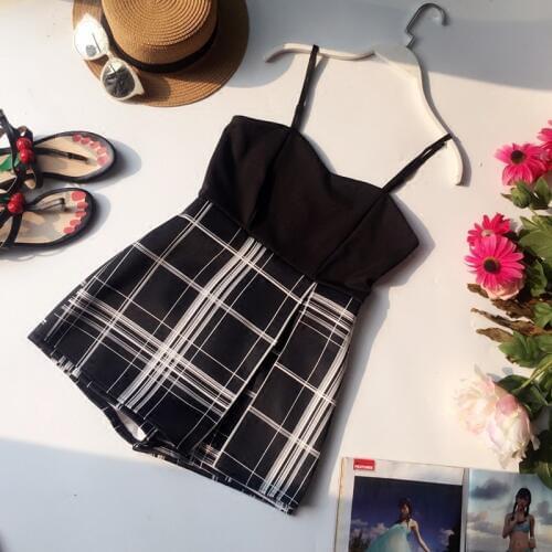2019 Women Summer Playsuit Casual Striped Plaid Print Strappy Rompers Sexy Halter Short Jumpsuit overalls feminino