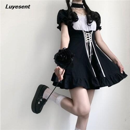 Women Gothic Lace-up Ribbon Mini Dress 2021 Summer Lady Dark Lolita Contrast Color Black White Puff Short Sleeve Sweet Dresses
