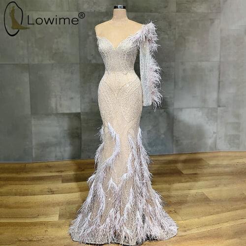 2021 Single Long Sleeve Mermaid Evening Dresses Transparent O Neck Feathers Pearls Evening Gowns Pageant Party Dress