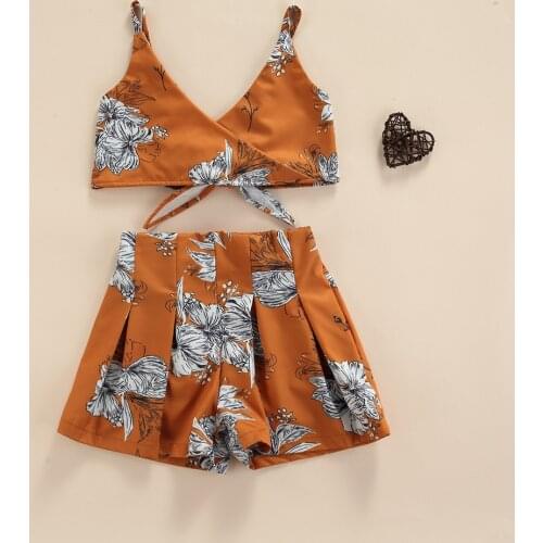 1-6Years Summer Kids Baby Girls Beach Vacation 2Pcs Clothing Sets Toddler Floral Sleeveless Lace-up Crop Tops+Loose Shorts