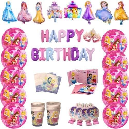 4 Cartoon Disney Princesses Baby Girls Favorite Birthday Decoration Supplies Disposable Tableware Set Paper Cup Straw Plate Hats