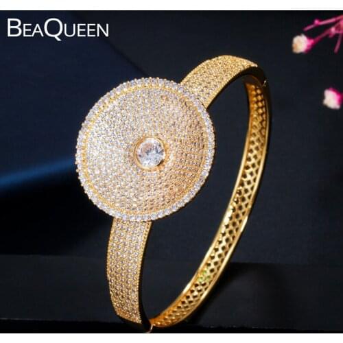 BeaQueen Trendy Micro Pave Cubic Zirconia Dubai Gold Color Big Round Shape Open Cuff Bangle Bracelet for Women Gift B184