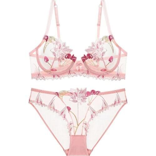 European and American embroidery mesh ultra thin full transparent sexy temptation hollowed out sponge free underwear bra set bra