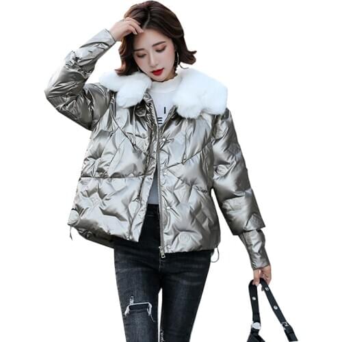 Fashion Cotton Coat Womens Autumn Winter 2021 Small Bread Outerwear Women Short Shiny Lamb Fur Collar Down Cotton Jacket Trend