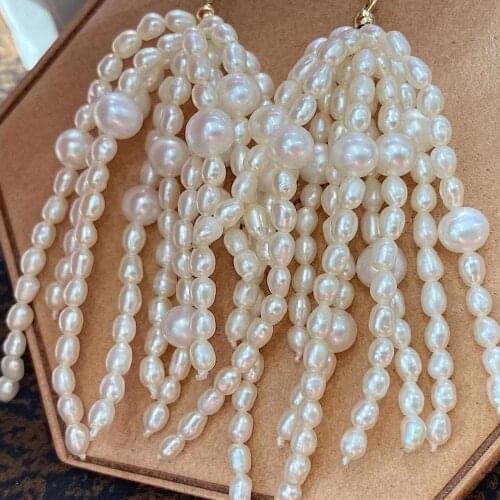 Trendy oversize earring pure handmade tiny seed shape genuine natural pearl multi rows no allergy safe pin lady gift