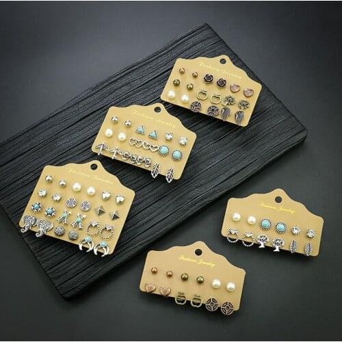 Fashion Earrings Set Wild Retro Pearl Love Leaves Turquoises Geometric Simple Cute Personality Bow Earrings