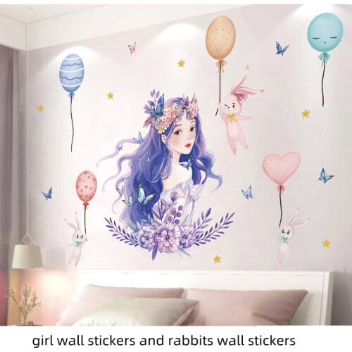 Cartoon Girl Butterflies Wall Stickers DIY Rabbits Balloons Mural Decals for Baby Room Kids Bedroom Nursery Home Decoration