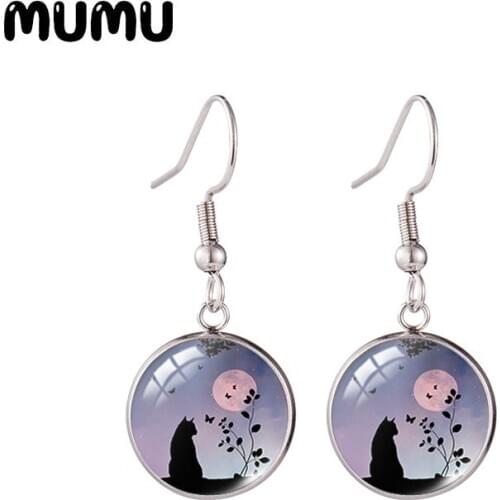 2020 New Cute Cat with Moon Earring Animal Art Jewelry Round Glass Dome Fish Hook Earrings Gifts