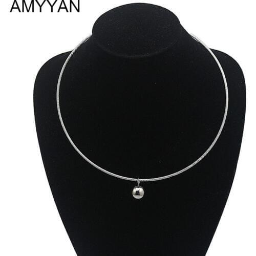 European style simple round ball pendant women ladies metal silver color wire necklace collar choker statement stainless steel