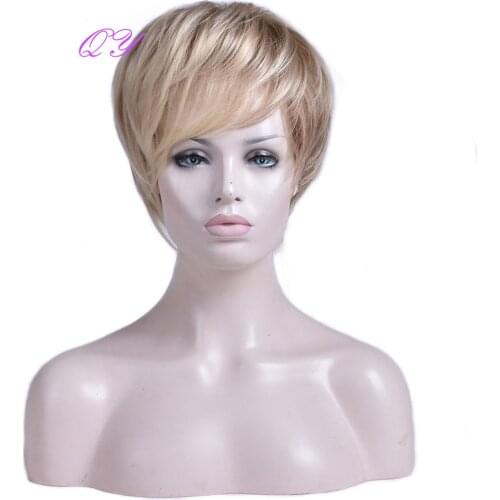 QY Short Blonde Wig Hair Mixed Light Brown Hair Wigs For White Women Synthetic Bob Straight Haircut Daily Use