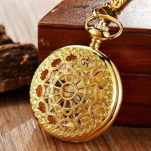 Luxury Mechanical Pocket Watch Hand Wind Fob Watches Roman Numerals Moon Shape Hollow Dial Skeleton Clock Chain for Men & Women