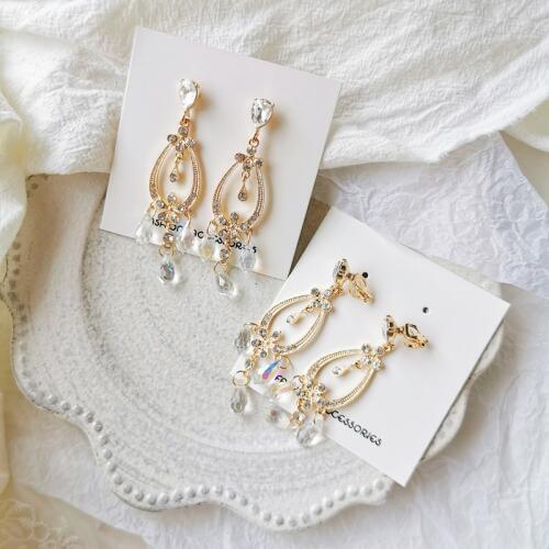 Baroque Transparent Stone Crystal Eardrop Clips Earrings No Pierced Romantic Long Statement Clip on Ear Without Piercing Hole