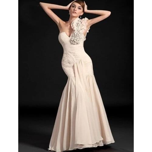 Backless Evening Dresses Mermaid One-shoulder Chiffon Ruffles Long Dubai Saudi Arabic Evening Gown Prom Dresses