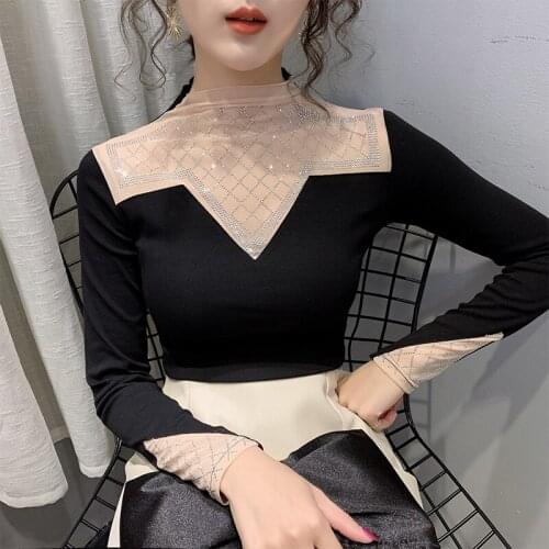 Half high collar bottomed shirt Women Autumn Winter New Diamond Mesh Lace top Long sleeve T-shirt Splicing Pullover Tees 3024A
