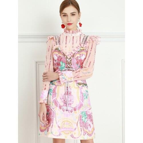 High quality 2 piece set women summer Character Printed Fungus Lace Sling Short Skirt Long Sleeve Striped Shirt for Seniors