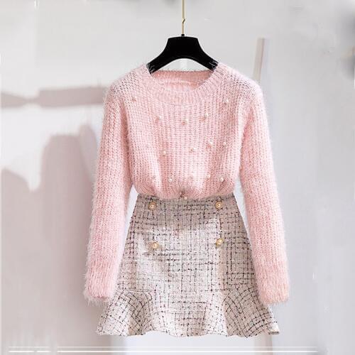 Women Casual Beading Sweater and High Waist Woolen Skirt Two Piece Set Spring Winter Women Clothes 2019 Tracksuit Skirt Outfit