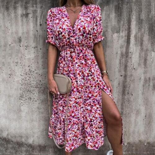 Women Floral Print High Split V-neck Button Puff Short Sleeve Maxi Dress Streetwear Summer Sexy Party Dress Robe Femme Vestidos