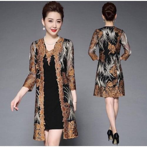 Fall Spring Chinese Womens Embroidery Mesh 2 Pieces Elegant Dress , 5XL 6XL Rhinestone Yellow Red Flower Dresses for Women