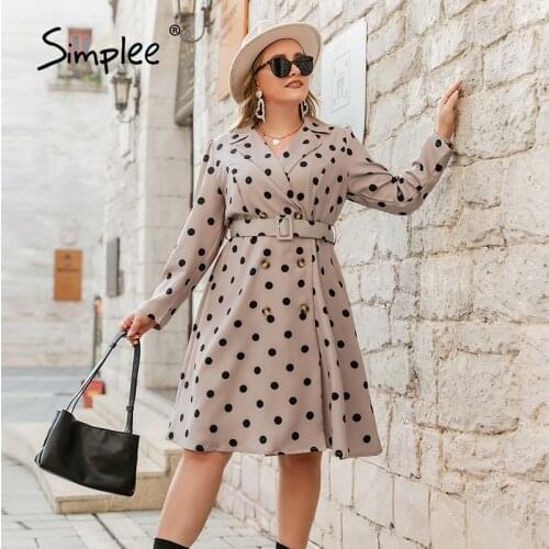 Simplee Office polka dot belt dress plus size women Vintage long sleeved autumn dress boho V-neck knee length female vestidos