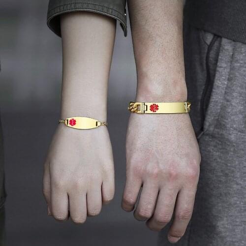 2pcs Medical Alert ID Bracelet For Women Men Couple Gold Color Stainless Steel Emergency Rescue Bangle Valentine Jewelry KBM170
