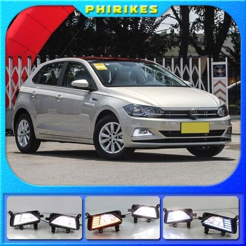 2PCS LED Daytime Running Light For For Volkswagen Polo 2018 2019 Dynamic Yellow Turn Signal 12V DRL Fog Lamp Car Styling