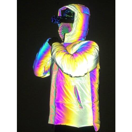 2021 Winter Rainbow Color Reflective Pink Coat Men Casual Warm Hooded Jackets Chaqueta De Los Hombres