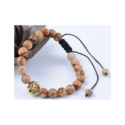 8mm jm424 gold adjusted Charm copper lion nature picture stone hakra Healing Balance Reiki Buddha Prayer Yoga Bracelet