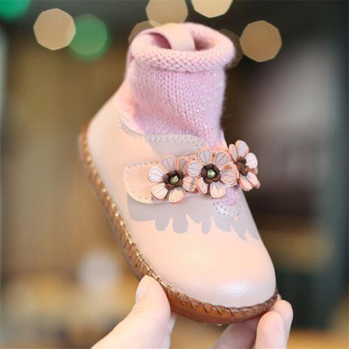 Girls Toddlers Socks Shoes Inside Warm Flower Baby Leather Fashion Shoes Children Ankle Soft Bottom Flat Thread Stitching Shoe