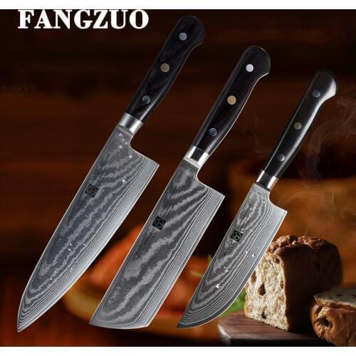FANGZUO 3 PCS Set Damascus Kitchen Knives VG10 Japanese Style Paring Utility Nakiri Slicing Chef Knife with Ebony Handle Cleaver