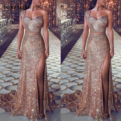 JuneLove Women Sexy One-shoulder Sleeveless Bright Gold Flashing Split Ladies Sequined Dress Elegant Temperament Long Dress