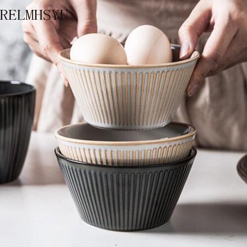 1PC RELMHSYU European Style Retro Vertical Pattern Ceramic Rice Noodle Dinner Bowl Round Steak Food Tableware