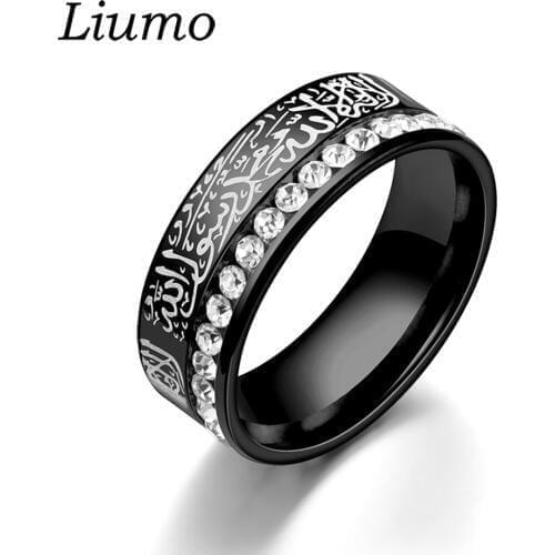 Liumo Classic Black Gold Color with Crystal Muslim Islam Women Men 316L Stainless Steel Ring Lr759