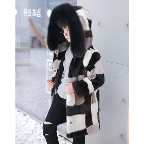 NEW real genuine natural kids mink fur coat with fox fur hood child fashion fur jacket boy fashion warm winter outwear