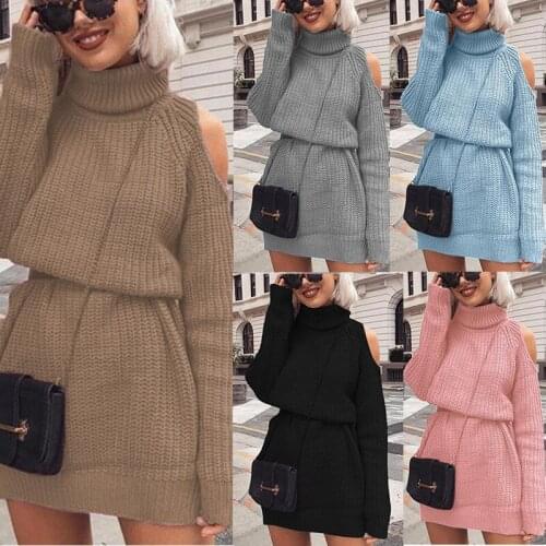 2020 Autumn and Winter New Sweater Mid-length High-neck Off-shoulder Sweater Dress