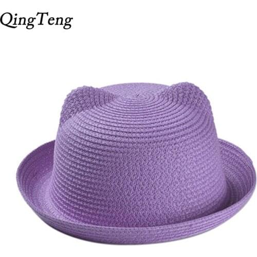 Solid Summer Hats Women Girls Cute Cat Ears Beach Straw Hat Fashion Baby Summer Kids Ear Shape Sun Casquette