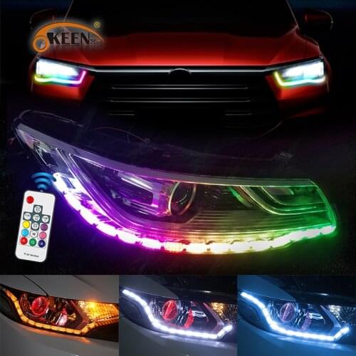 OKEEN 2pcs Universal Car LED Daytime Running Strip Light RGB With Flowing Turn Signal Light Decorative Lamp For Auto Headlight