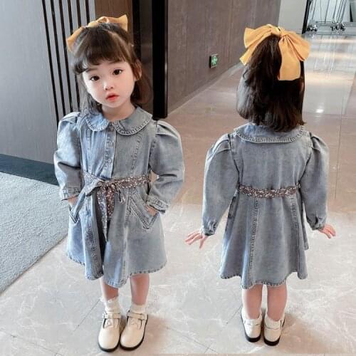 Girls' Fall Waist Denim Dress Flower Girl Dresses Kids Dresses for Mommy and Me Dress Toddler Girl Fall Clothes 2021 Girls Dress