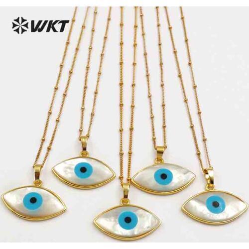 WT-JN047 WKT Natural White Shell Evil Eye Pendant With Gold Bezel Women Dainty Shell Jewelry Bohe 18'' Inch Gold Layer Necklace